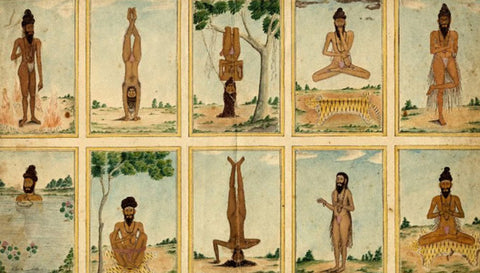 Historic Indian painting depicting ten yogis in various asanas and tapas practices — a visual homage to ancient yogic discipline and devotion.