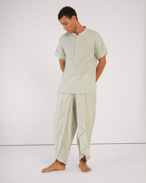 Front view of Shanti Chola’s Vibhuti Grey Yoga Ensemble in Linen Cotton Blend, showcasing the airy kurta and dhoti-inspired pants in natural, breathable fabric.