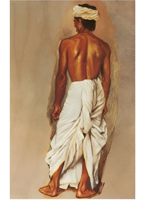 Traditional Indian painting of a bare-backed man in white dhoti and turban, standing with strength and quiet dignity.