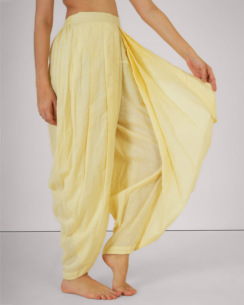 Close-up of Chaand YogaFlow  dhoti in 100% cotton — breathable yoga wear with fluid drape, soft texture, and natural Indian elegance.